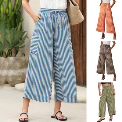 Women Pants Elastic Waist Drawstring Wide Leg Casual Summer Pants with Pockets Striped Print Long Trousers Travel Daily Wear