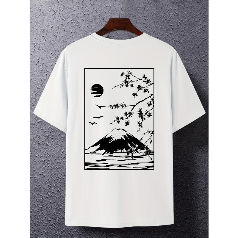 Europejski Rozmiar Fujisan Japoński Nadruk Modny Modny Męski T-shirt, Wygodny, PLUS SIZE