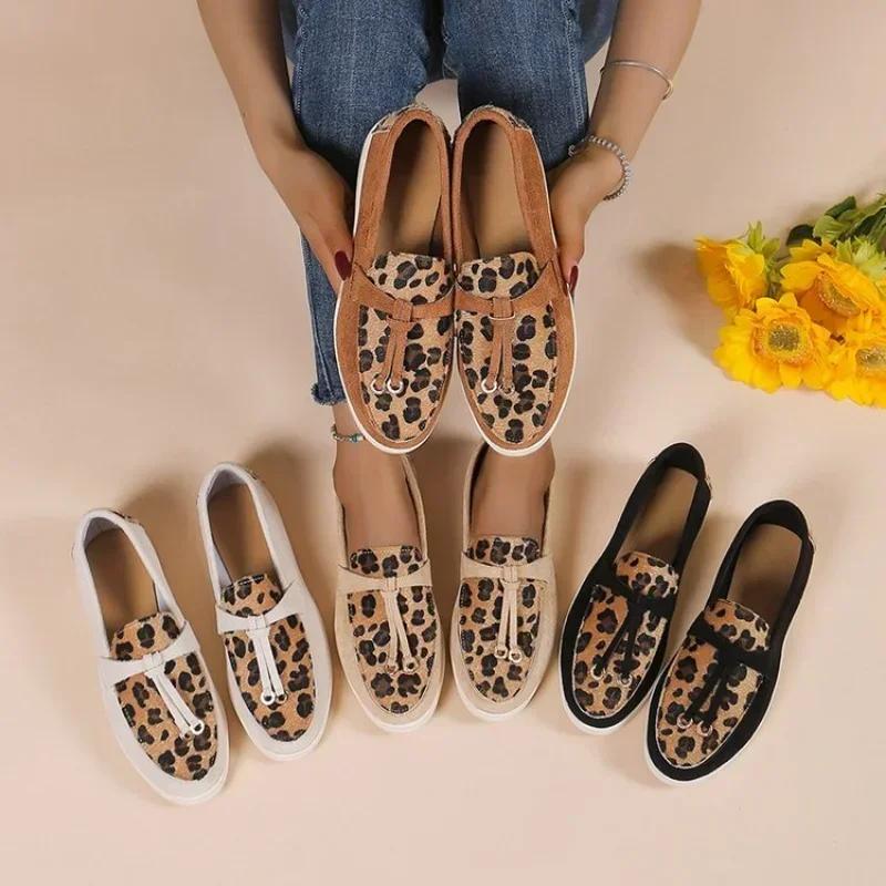 Dámské Leopard Splicing Sneakers Ploché Boty pro volný čas Značka Nazouváky Mokasíny Vulkanizované boty Vycházkové Single Shoes Chaussure Femme