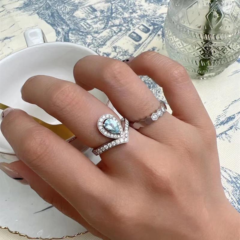 

Fashion Mozambican Diamond Ring Crown Water Drop V Ring Haibao Blue Pure Silver Diamond Ring Proposal Gift Light Luxury Women s Ring, Jewelry Gift Adjustable opening