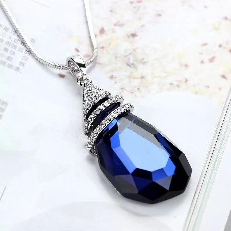 Collares largos y colgantes para mujer, collar de cadena con tulipán azul, suéter llamativo, joyería de cristal plateado a la moda 2021