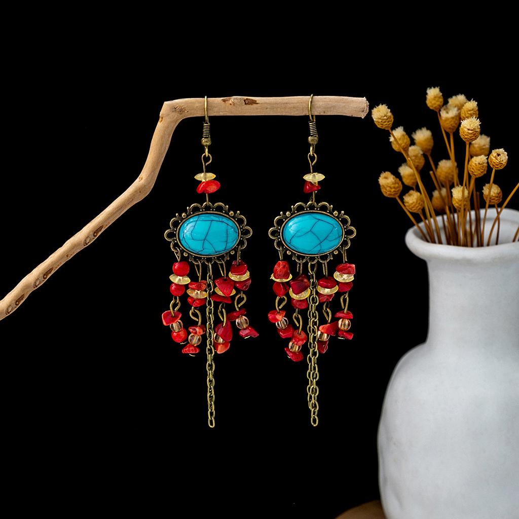 Bohemian Fringed Turquoise Earrings, Retro Minority Style Earrings, Personalized Temperament Earrings.