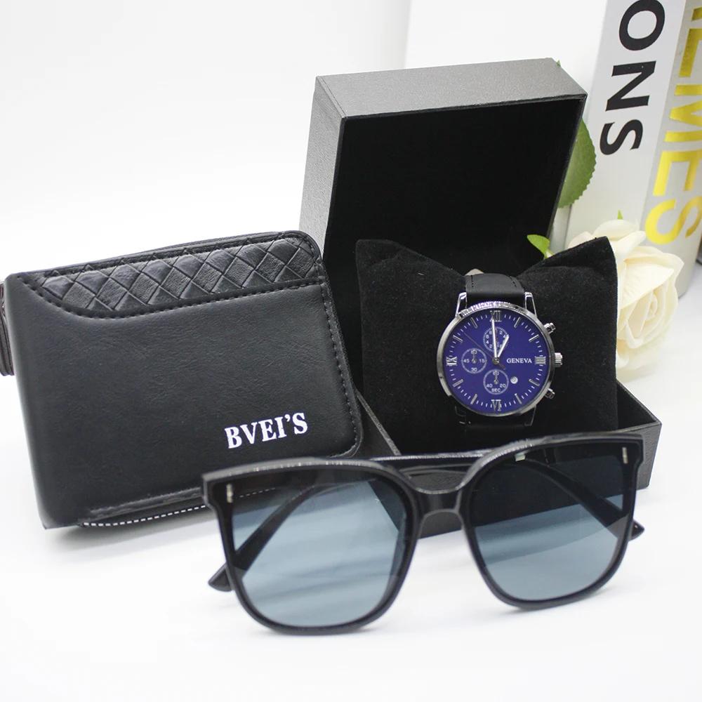 4pcs Set Fashion Sunglasses Men's Leather Wallet Outdoor Watch Men's Men's Glasses for Men Include Bracelet Box for Holiday Gift