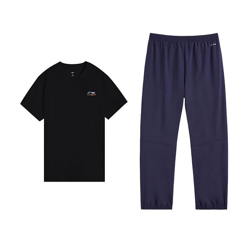

Li Ning Fashion Loose Cotton Versatile Short Sleeve Comfortable Long Pants Casual Set Unisex sets Black Navy-Blue W871-1+V809-2