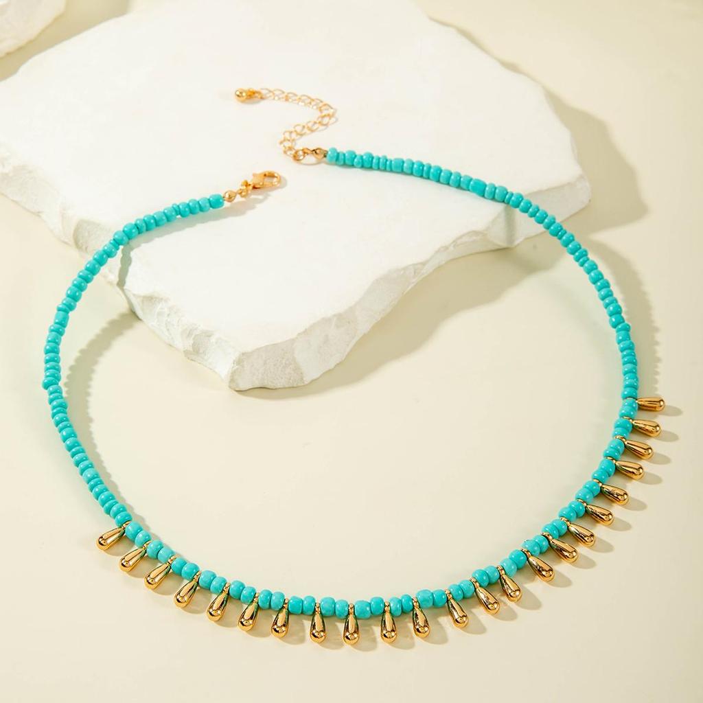 Cross Border Fashion Color Blocking Design, Green Rice Bead Water Droplet Tassel Necklace, Creative Niche Necklace, Beach Vacation Matching