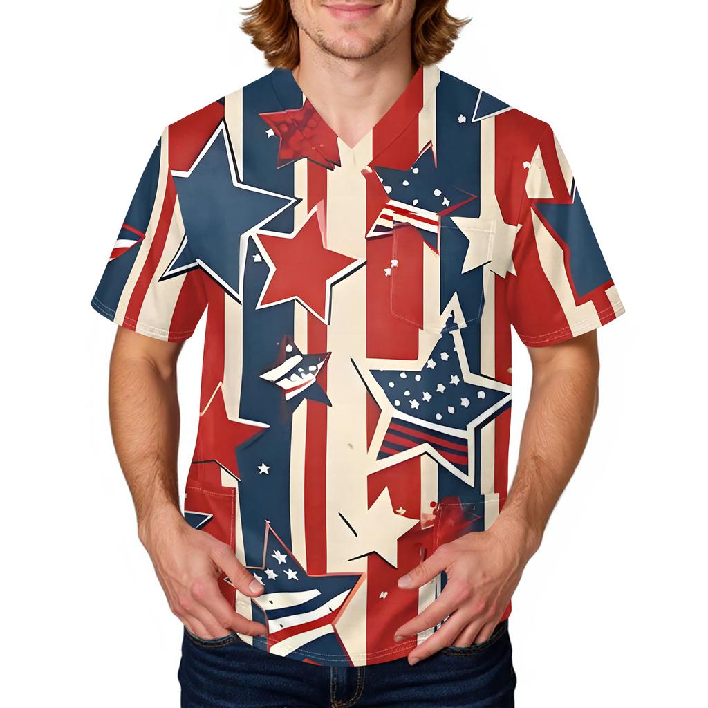 Men's Short Sleeve V Neck Medical Scrub Top with Pocket Independence Day Star Print Workwear Shirt for Healthcare Professionals