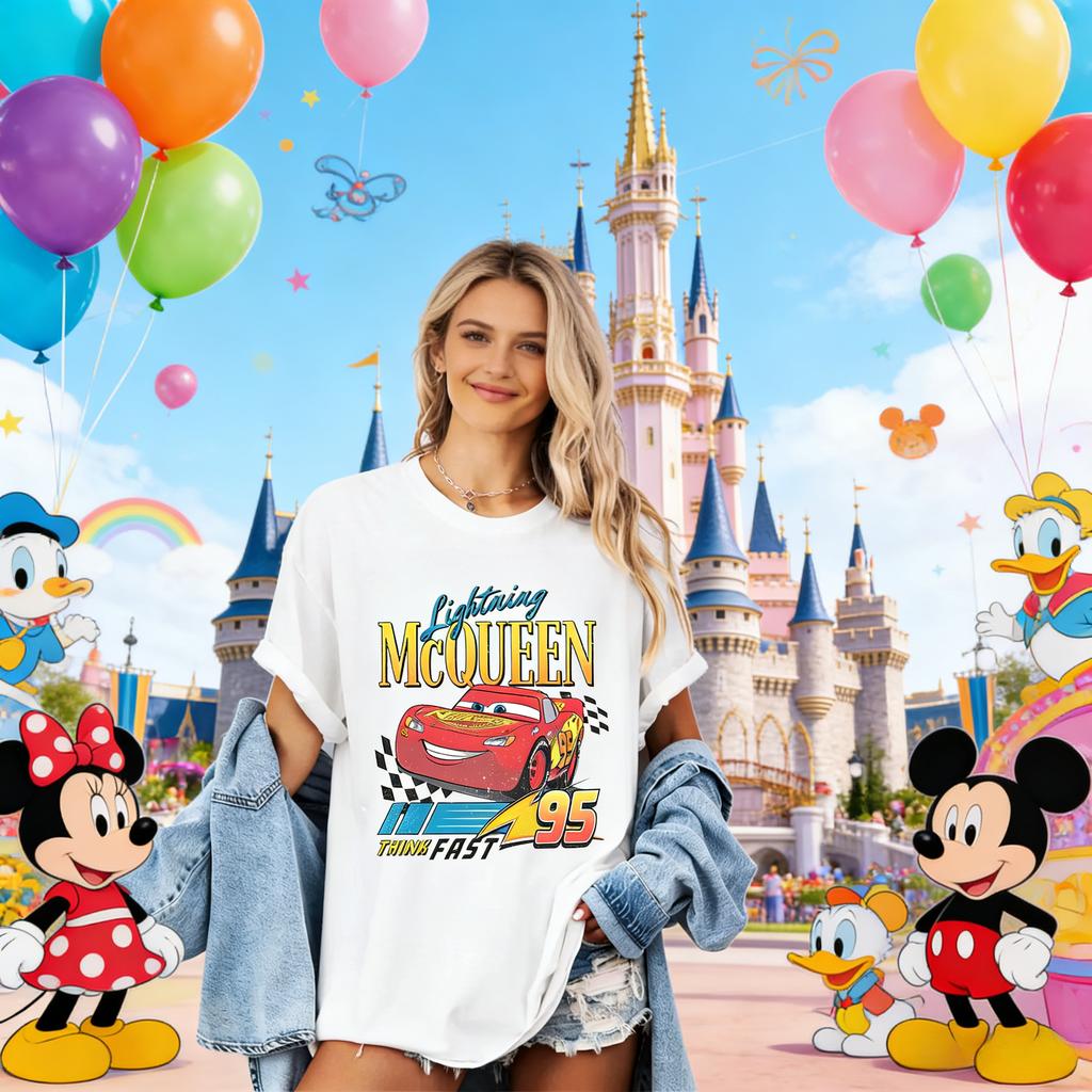 2026 Summer Disney 95 Lightning McQueen Castle Tshirt Mens Fashion Cotton Quality Casual Loose Shortsleeved Classic Unisex