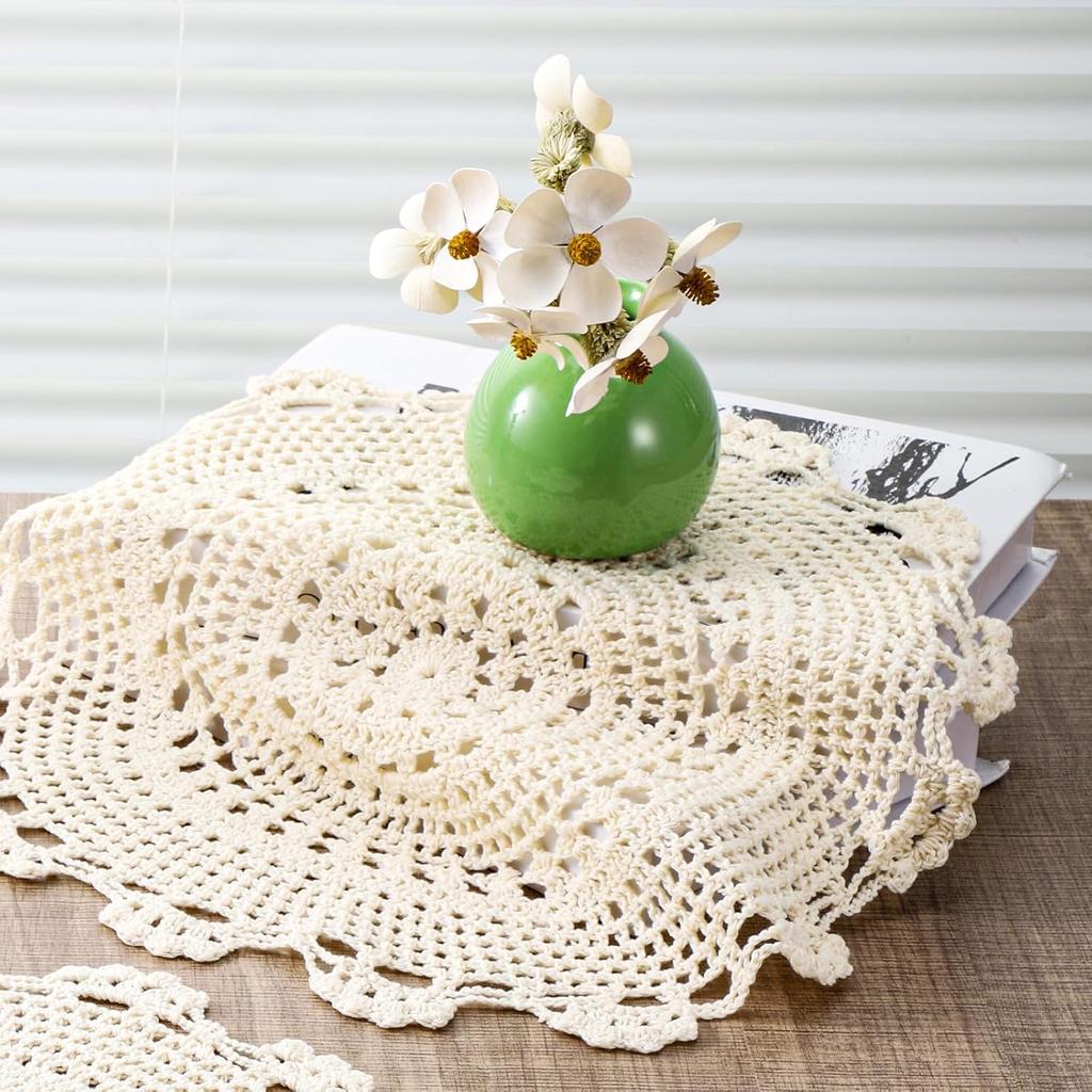 2 PCS Doily Round Crochet Beige Dollies for Tables Lace 13 Inch Round Cotton Crochet Doilies Handmade Lace Placemats Knitted Tablecloth for Home