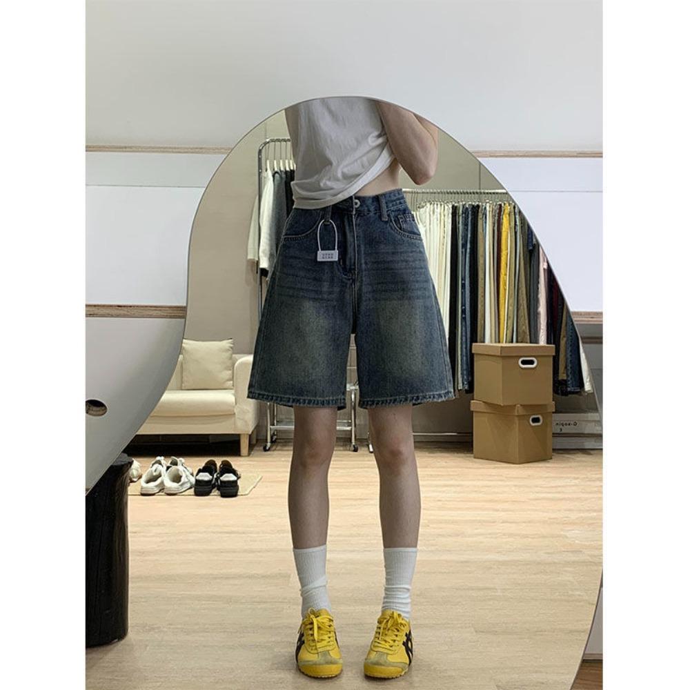 Women s High Rise Straight Leg Bermuda Shorts Loose Fit Vintage Washed Denim Shorts S