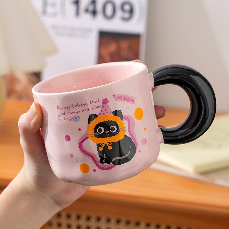 Girly Heart Kitten Mug Cute Milk Fufu Cartoon Household Water Cup with Cover for Birthday Gifts for Sisters and Friends