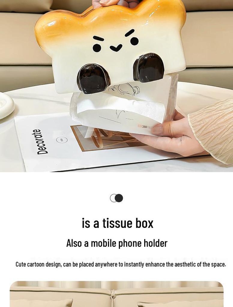Cute Toast Ceramic Tissue Box & Phone Holder - Creative Pull-out Napkin Paper Box for Living Room & Dining Table
