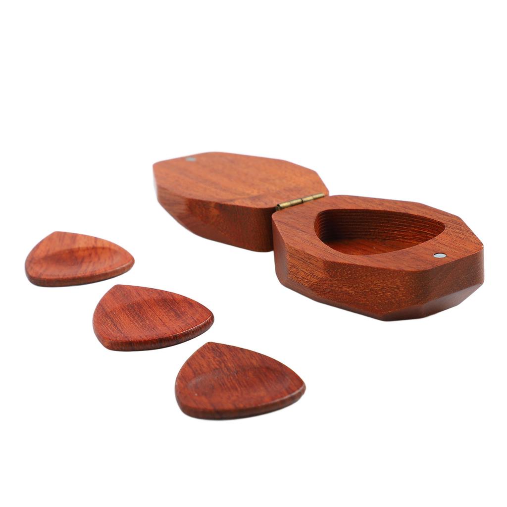 Guitar Pick Holder Wooden Small Portable Smooth Surface Guitar Accessories Storage Case with 3 Picks