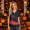 Women’s V Neck Short Sleeve Top with Halloween House Print and Functional Pocket for Healthcare Professionals