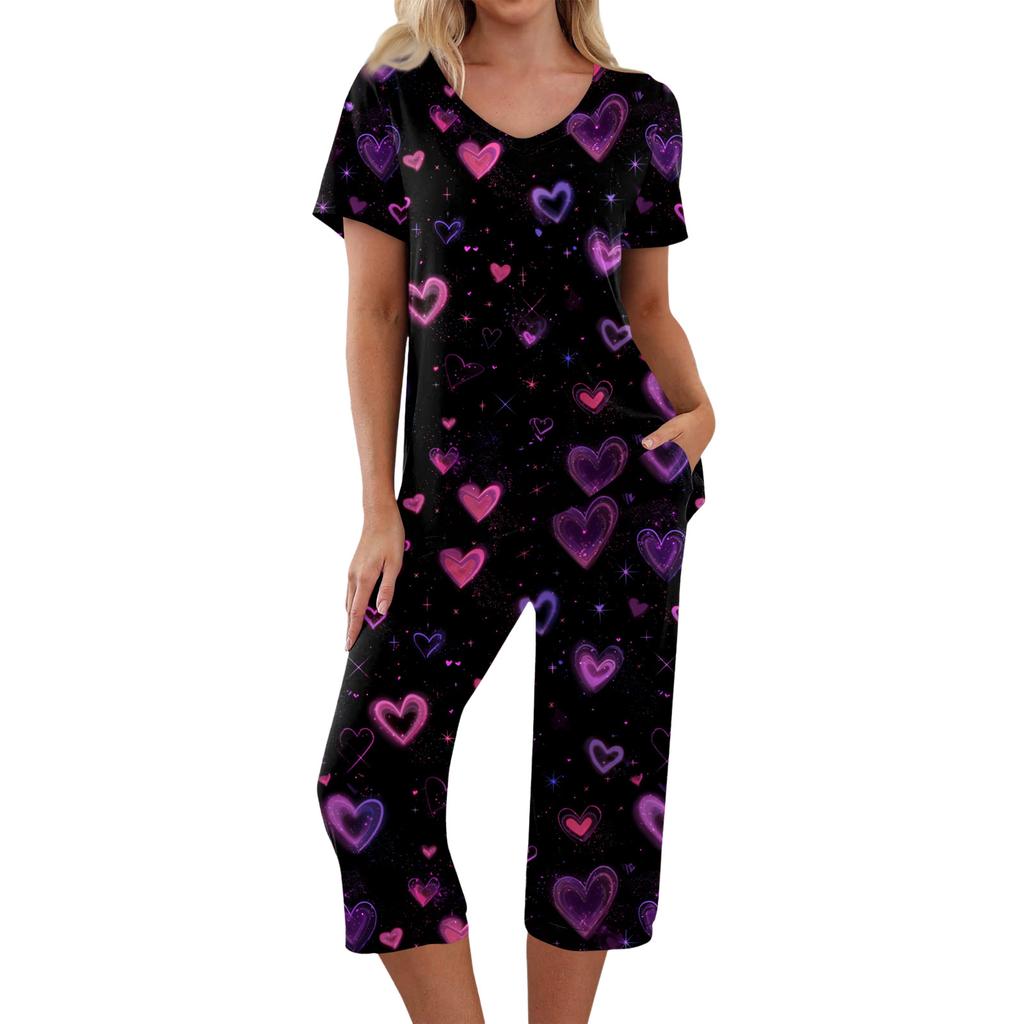 2 Piece Sets For Women Short Sleeve Top And Pants With Pockets Workout Soft Print Sets