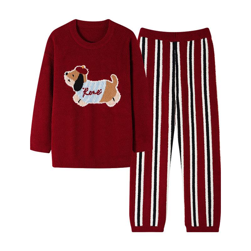 Half Fleece Pajamas Women'S Autumn And Winter Fleece Thickened Coral Fleece Warm Cute Cartoon Loungewear Set