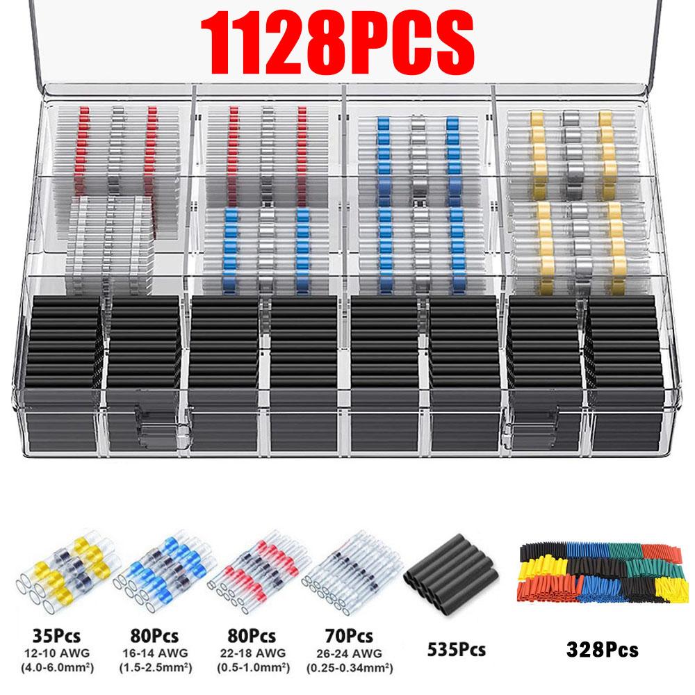 1128PCS Waterproof Heat Shrink Butt Crimp Terminals Solder Seal Electrical Wire Cable Splice Terminal Kit with Heater