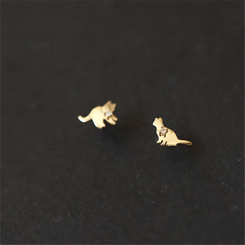 925 Sterling Silver Korea Asymmetrical Cute Cat Small Earrings For Women Plating 14K Gold Ear Jewelry