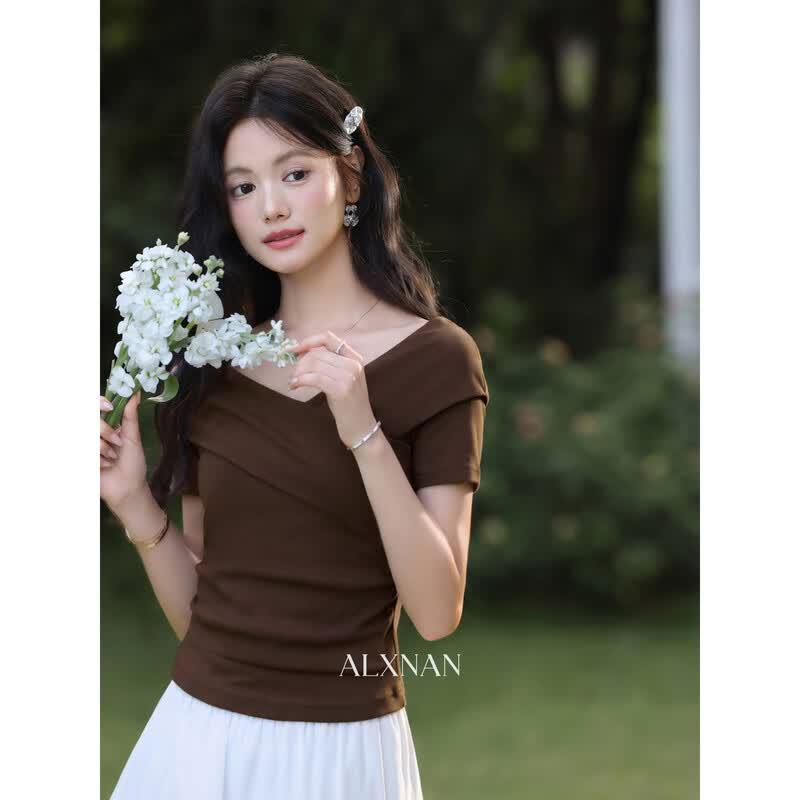 Luxiangnan Elegant Slim-Fit Short Sleeve T-Shirt M