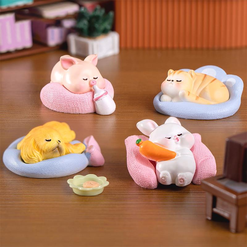 Mini Figurines Sleeping Cat Pig Rabbit Dog Resin Crafts Miniature Landscape Flower Pot Garden Ornaments Home Desktop Decoration