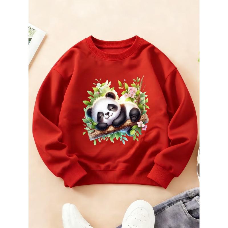 Kids Crewneck Sweatshirt, Healing Fun Forest Panda Hugging Branch Print Long Sleeve Top for Autumn Winter