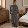 Coral Fleece Jacquard Pajamas Set Women Autumn Winter Fleece Thickened Warm Crew Neck Cable Knit Loungewear Wearable Outside