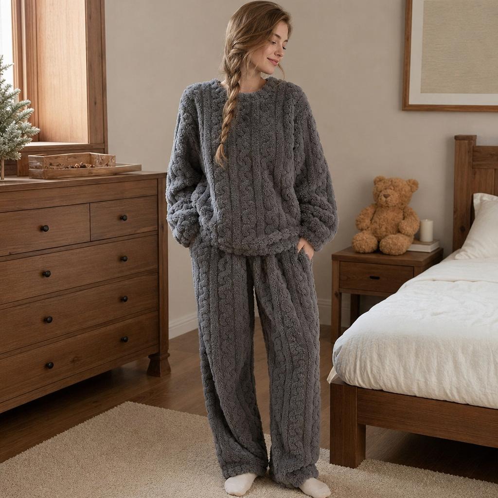 Coral Fleece Jacquard Pajamas Set Women Autumn Winter Fleece Thickened Warm Crew Neck Cable Knit Loungewear Wearable Outside