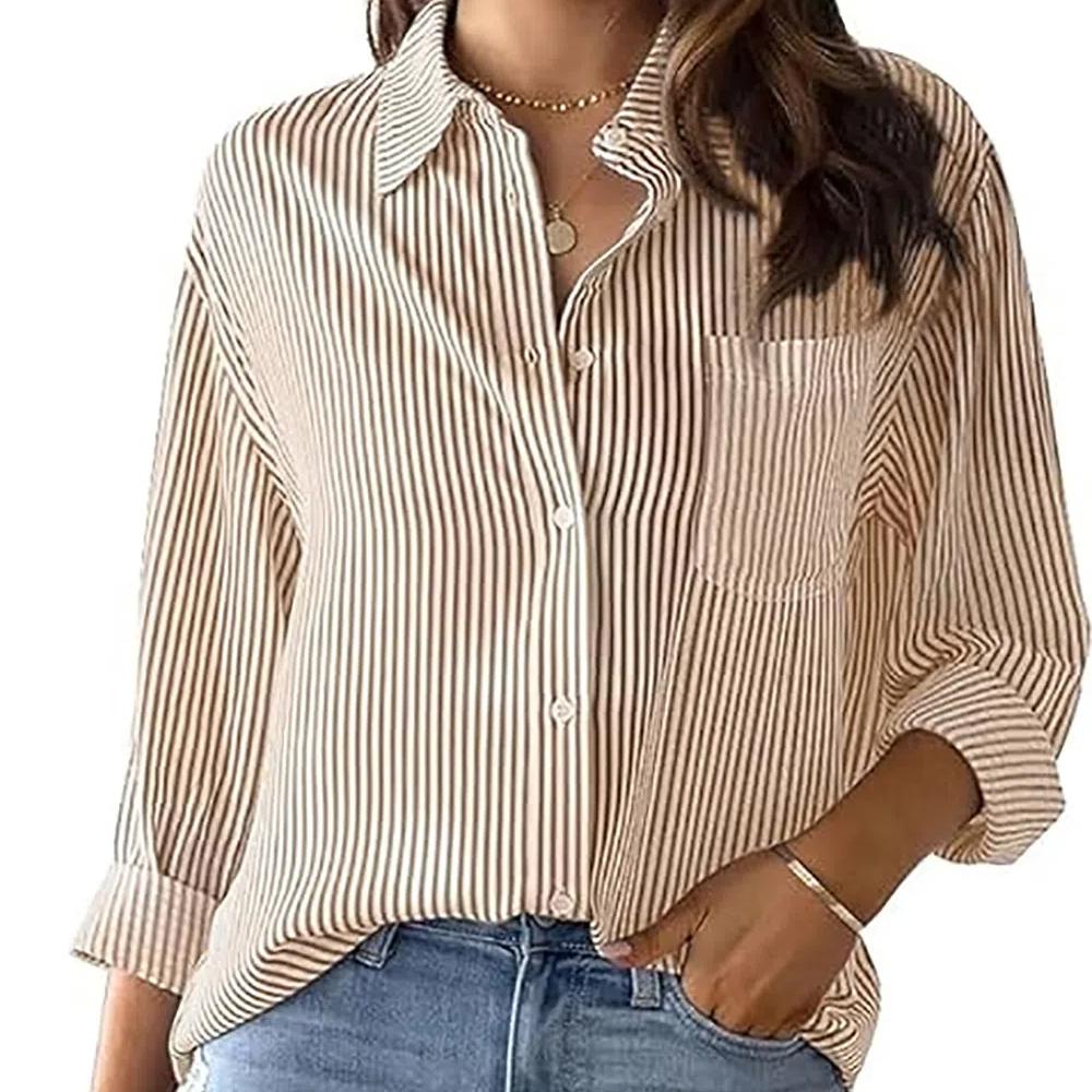 Womens Button Down Shirts Striped Classic Long Sleeve Collared Office Work Blouses Tops with Pocket