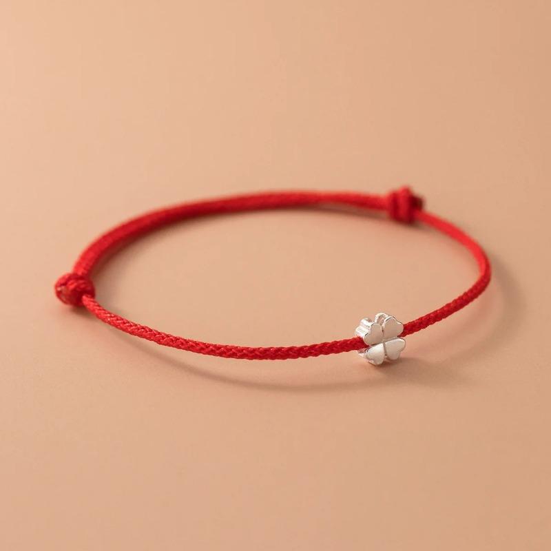 S925 Sterlingsilber Verstellbares Armband für Damen, Blumen, Rotes Band, Kleeblatt, Feiner Schmuck, Minimalistische Accessoires