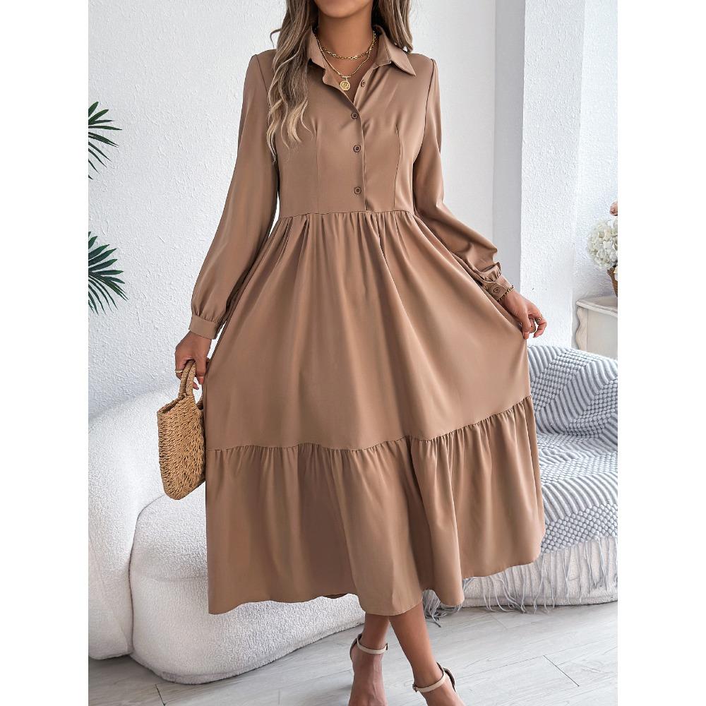 Vestido Camisa Largo Casual Holgado de Manga Larga con Cuello y Volantes para Otoño e Invierno