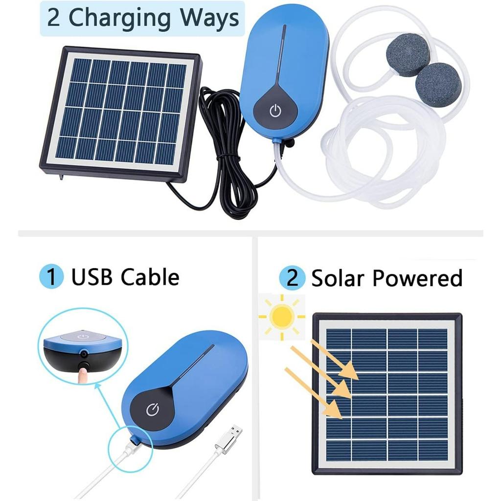 Luftpumpe Kit Hydroponik Pumpe Solarbatterie mit Luftschläuchen und Sprudelsteinen 3 Arbeitsmodi Teichbelüfter Sprudel Sauerstoffgeber 1,5W