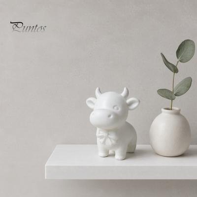 Living Room Decoration Accessory 3D Printed Cow Figurine with Bow Tie, Cute Calf Statue, Minimalist One-piece Molding Animal Model, Smiling