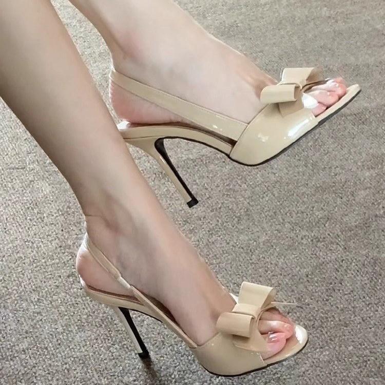 2025 new summer nude thin heel round head open-toed bow sandals women's not tired feet sexy empty high heels