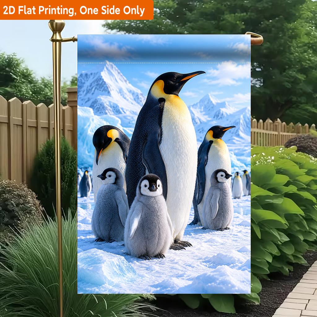 2D Flat, 2D Flat Printing Garden Flag 1pc, Penguins In Icy Habitat Durable Single-Sided Print Yard Flag, Garden & Home Holiday Decoration, 29.97x44.96