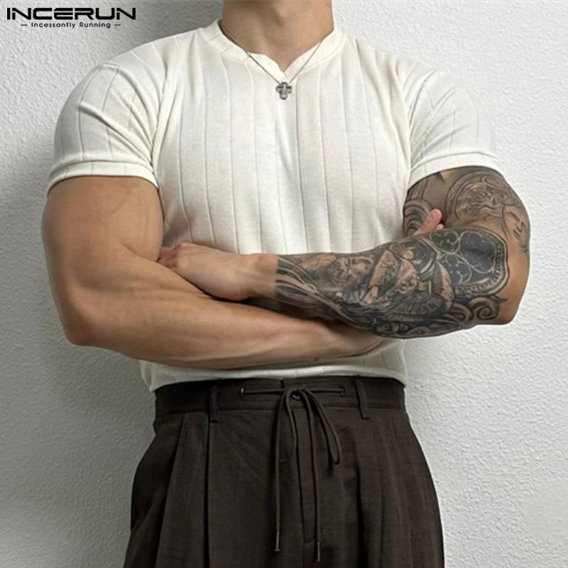 INCERUN Summer Men Short Sleeve Fitted Tops Casual Muscle Knitted T-shirts