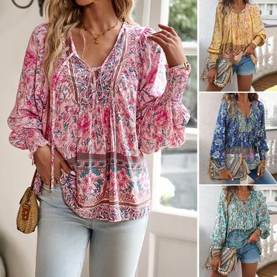 2025 Autumn, Bohemian Vacation Style, Printed, Lace Up, Long Sleeved Top, Women's Shirt, Casual Wear, Comfortable Top