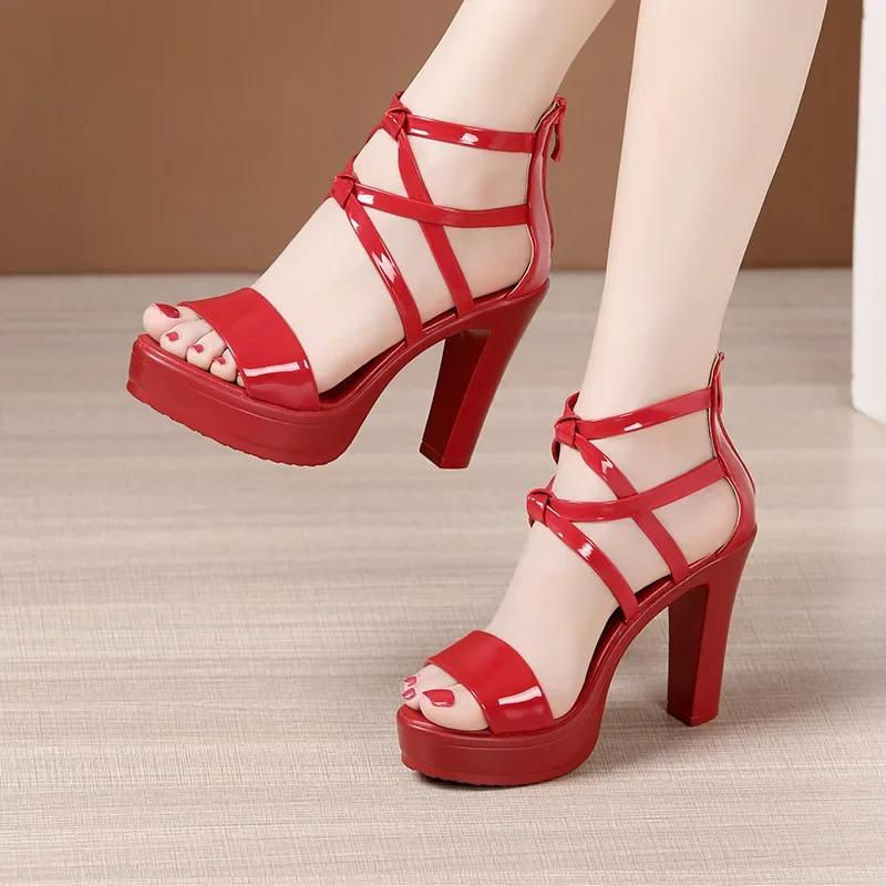 10cm Small Size 32-43 Summer Elegant Bright Leather Gladiator Sandals Platform Shoes 2025 Womens Block High Heels Sandals Dress
