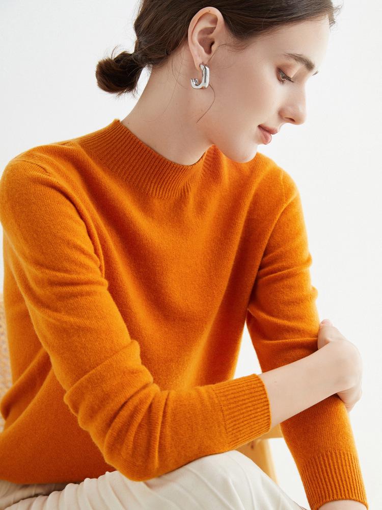 Women's Slim-Fit Autumn Sweater: Fashionable Half-High Neck, Versatile Pure Wool for Base Layer or Outerwear, Skin-Friendly
