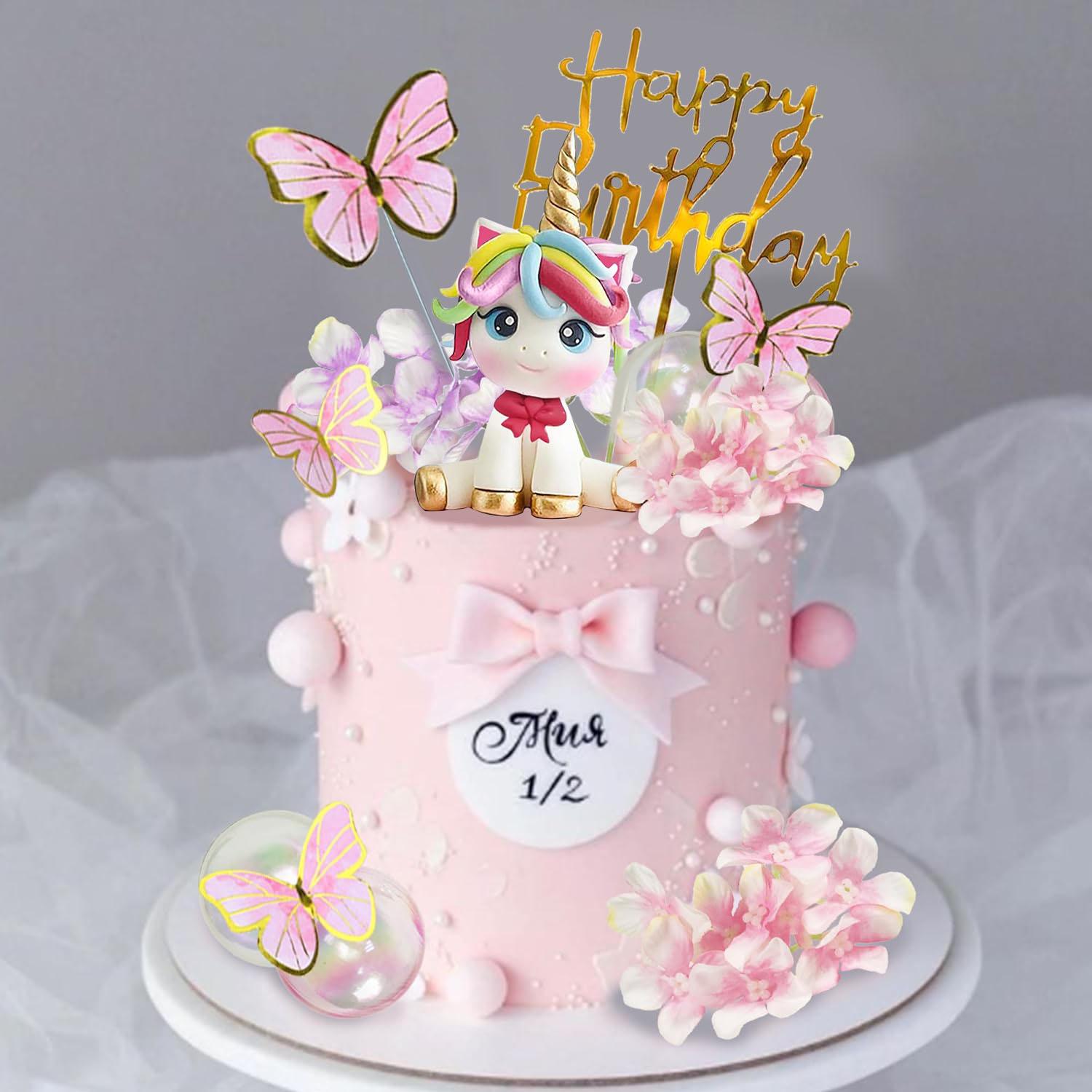 

Прикраси для торта у вигляді єдинорога з кулею зі штучних квітів та метеликом, прикраси для торта «З Днем народження» для приладдя для дитячого свята