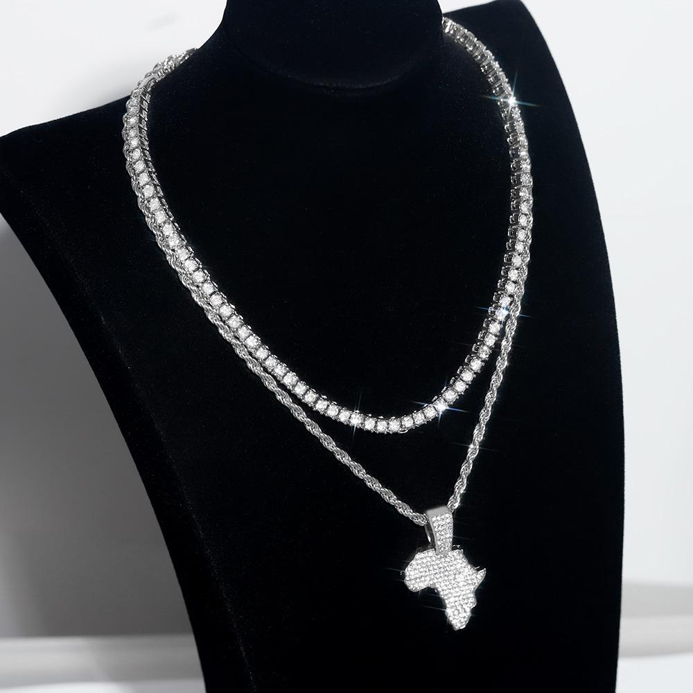 Hip-hop Men's Necklace Set Stylish Africa Map Pendant Necklace Iced Out Inlaid Diamonds Tennis/Rope Chain Punk Jewelry Gift Set