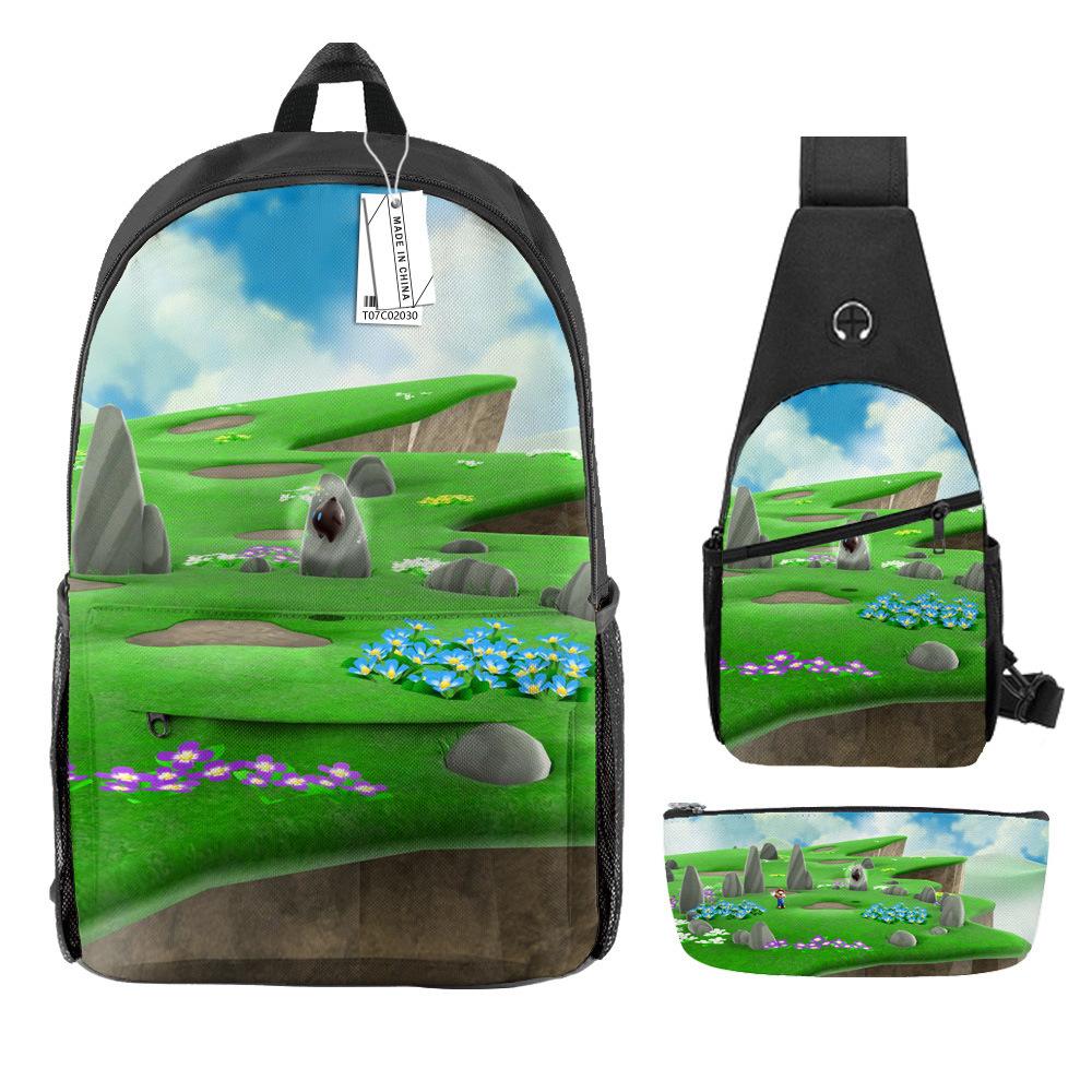 Animation Backpack, Super Mary Primary School Student Print Children'S Backpack Satchel Pencil Case Three-Piece Set