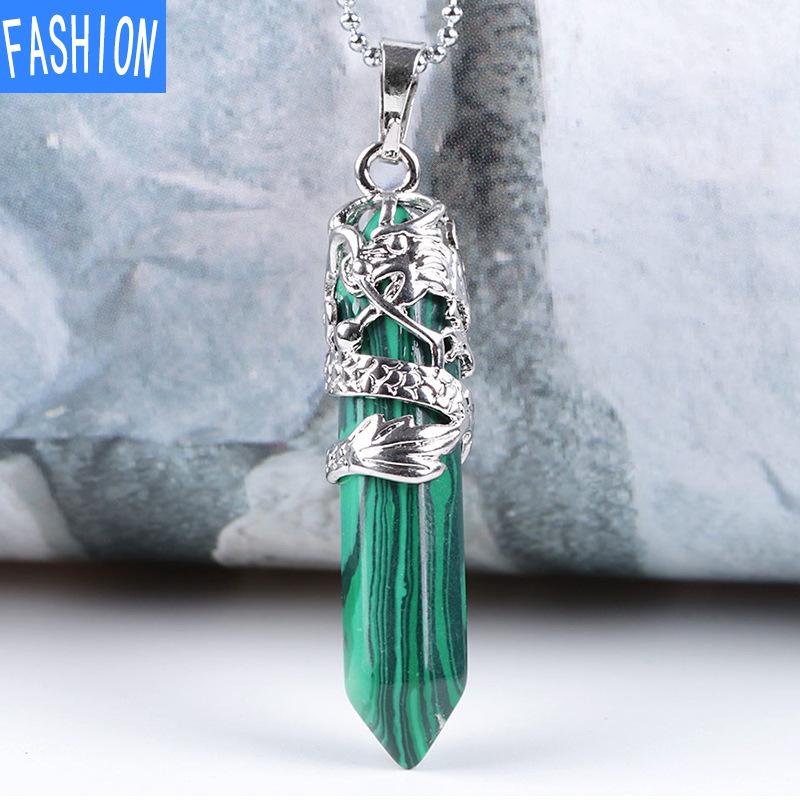 Tribal Totem Dragon Shaped Natural Stone Pendant Hexagon Aura Point Head Crystal Column Nekclace