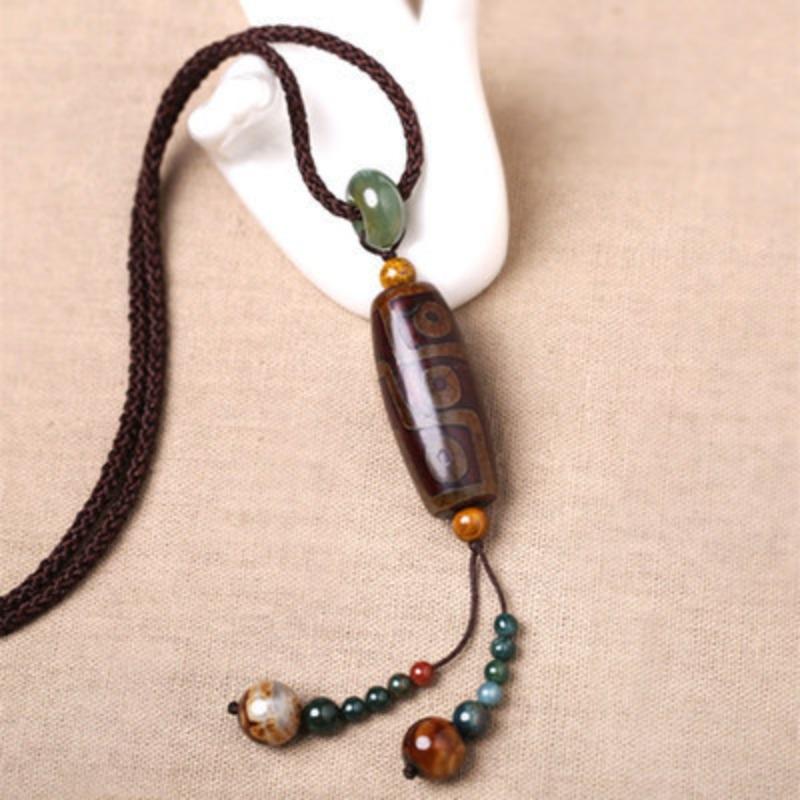 GEMCHIC Women's Vintage Ethnic Style Long Sweater Necklace with Handmade Braided Rope, Dzi Bead and Agate Pendant Bohemian Jewelry