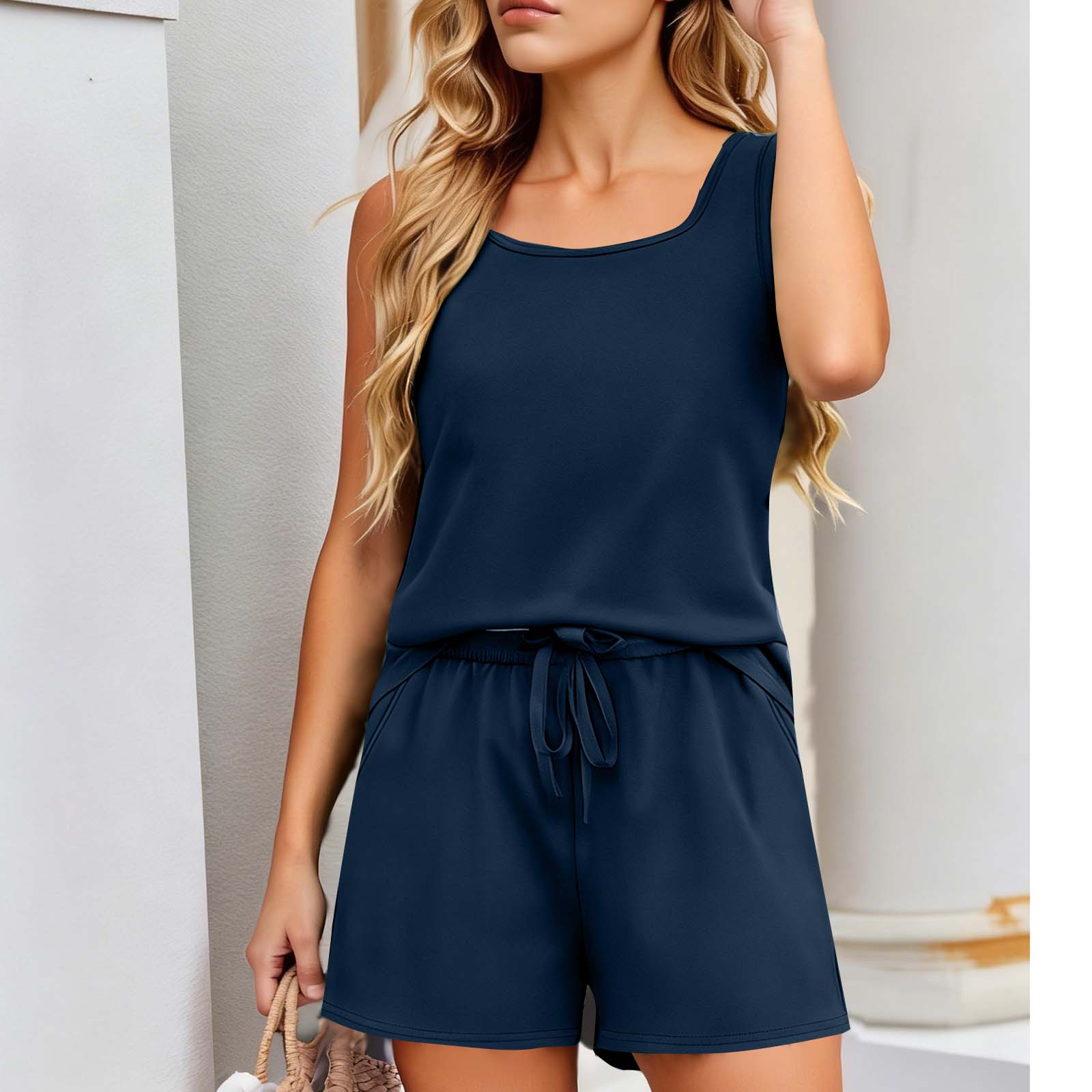 

Women’s Sleeveless Tank Top and Shorts Set Casual Relaxed Fit Two Piece Outfit with Drawstring Waist Pockets XXL тёмно-синий