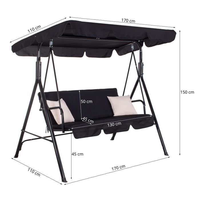 Balançoire de jardin SPRINGOS® pour trois personnes - Noir