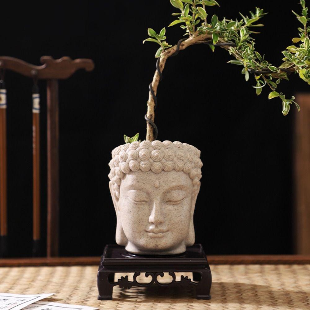 Resin Buddha Head Flower Pot Desktop Ornament Planter Statue Style Succulent Planter Modern with Drainage Hole Plant Container