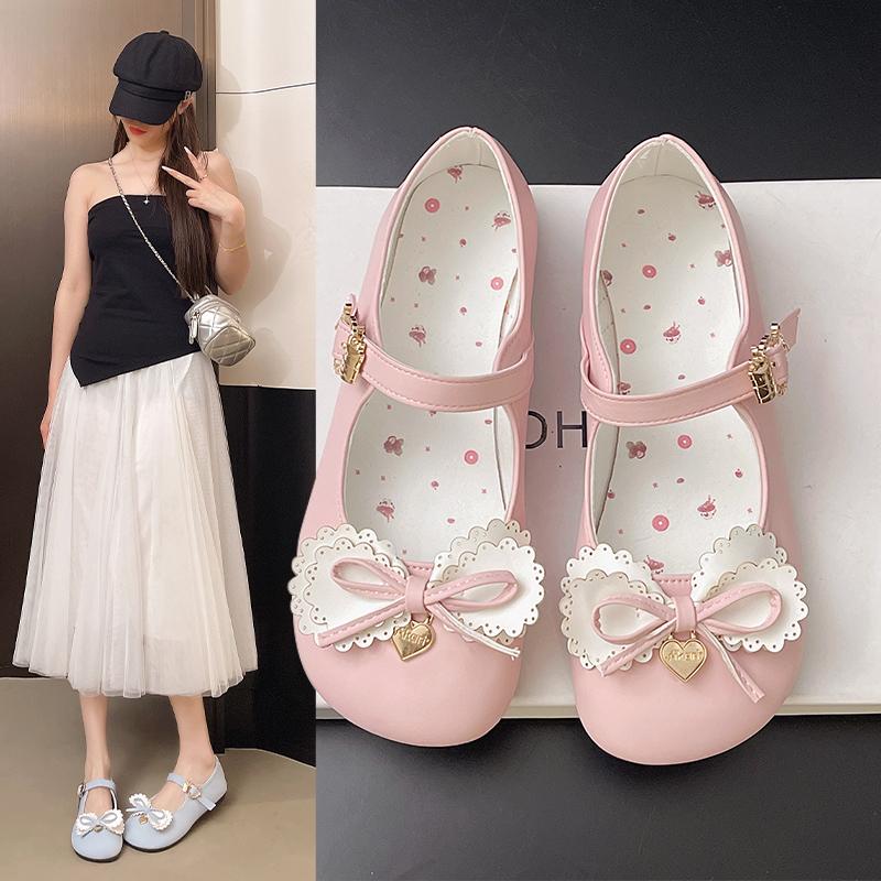 Lolita Sweet Vintage Kawaii Bow High Heels Elegant Princess Leather Shoes Black Women Shoe Low Heel Summer Pumps
