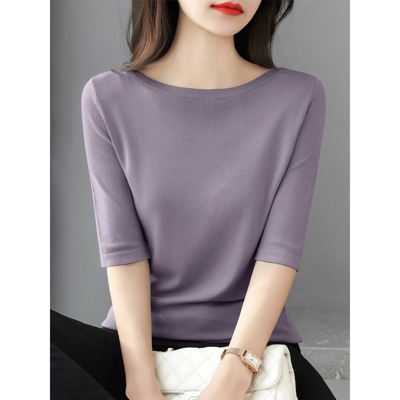 

Autumn French Style Classy off-Shoulder Women s Inner Sweater Lilac [middle sleeve]] M