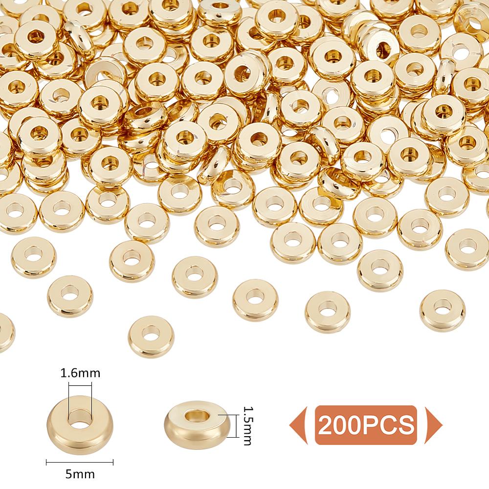 200Pcs Rack Plating Brass Spacer Beads, Long-Lasting Plated, Cadmium Free & Lead Free, Flat Round, Real 18K Gold Plated, 5x1.5mm, Hole: 1.6mm