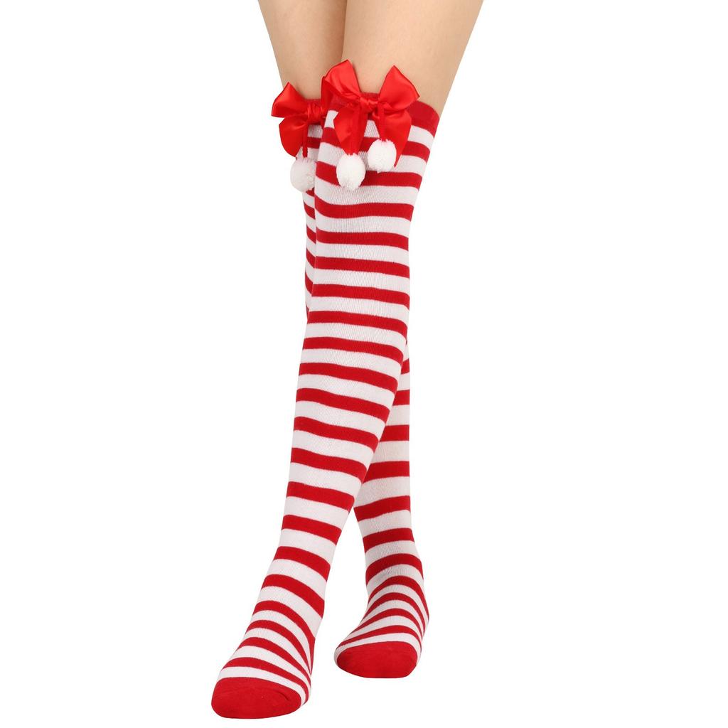 Christmas Red and Green Striped Knee Socks for Women In Ins College Style Bow Hairball Cotton Knee Protector Long Socks Trendy