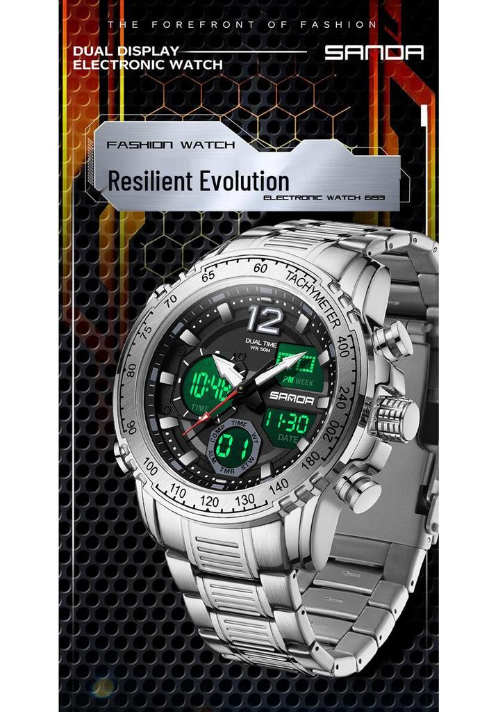 Sanda Dual Display Waterproof Sports Watch with Luminous Alarm for Teens